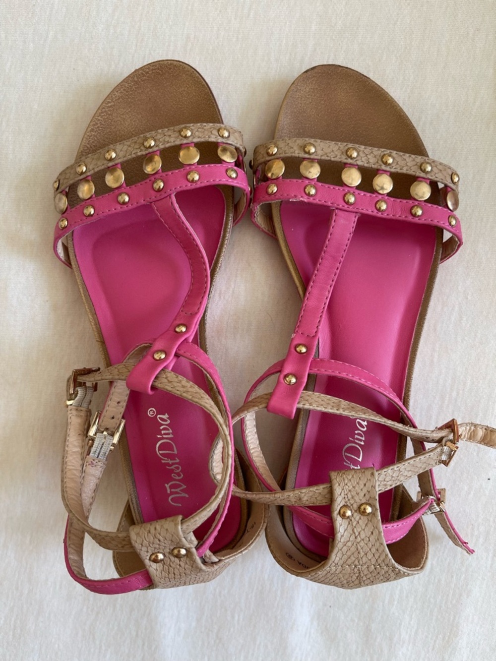 West Diva fushia and tan sandals with metallic gold details size 9.